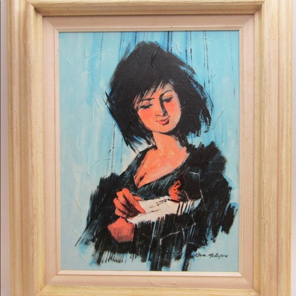 Vintage Kevin McAlpin Oil Painting of Mother and Child on Canvas in Wooden Frame